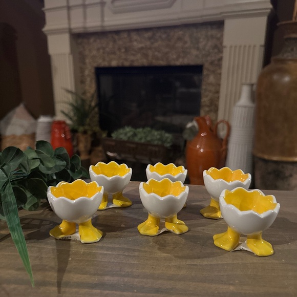 Set Of 6 Vintage Ganz Duck Feet Egg Cups, White & Yellow - Picture 2 of 5